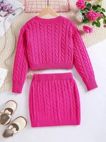 SHEIN Cô gái Tween Xoắn Dan Sweater & Knit Skirt - Màu Hồng Tươi - Xem 2