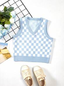 SHEIN Young Girl Checker Pattern Sweater Vest - Baby Blue - View 1