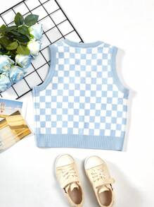 SHEIN Young Girl Checker Pattern Sweater Vest - Baby Blue - View 2