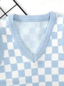 SHEIN Young Girl Checker Pattern Sweater Vest - Baby Blue - View 3