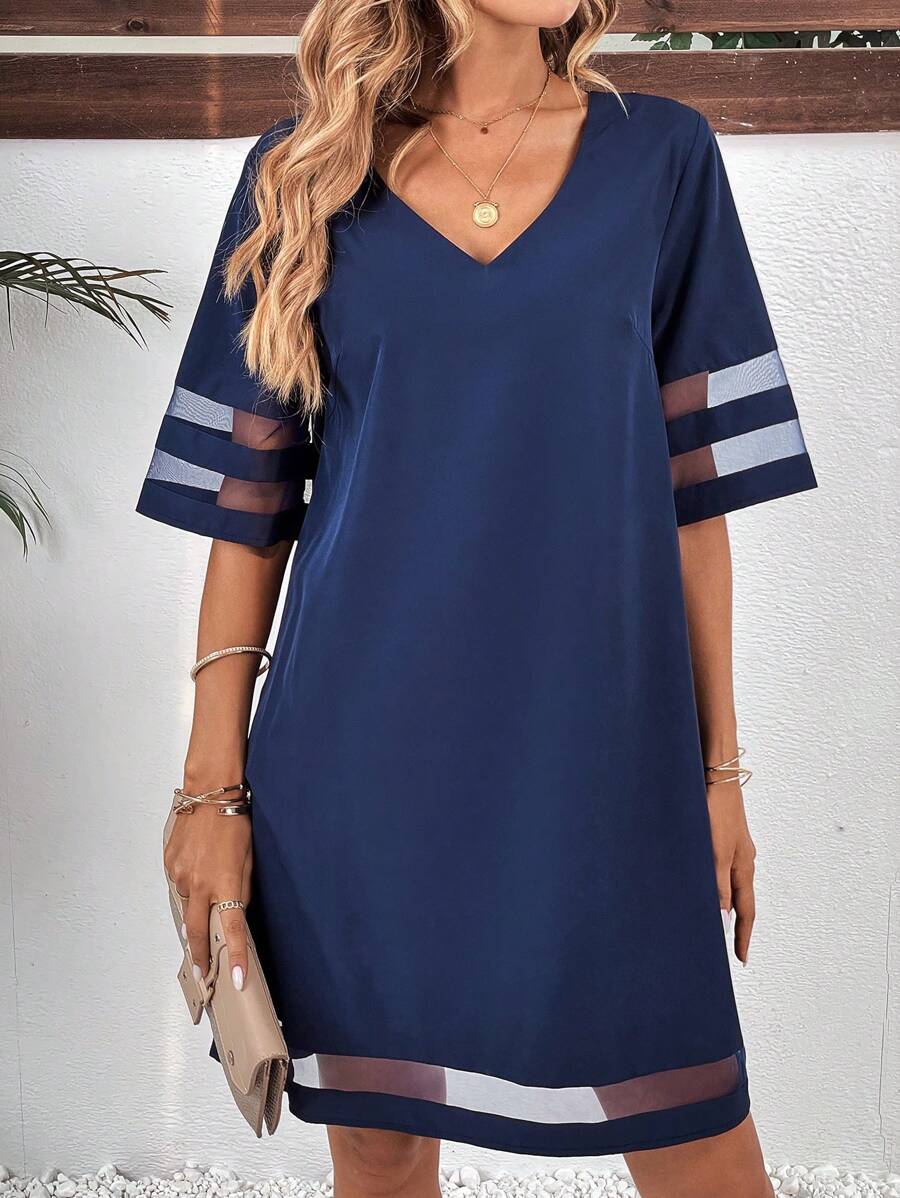 SHEIN LUNE Đầm Tương phản Mesh màu trơn Giải trí - Màu xanh hải quân - Xem 1