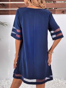 SHEIN LUNE Đầm Tương phản Mesh màu trơn Giải trí - Màu xanh hải quân - Xem 2