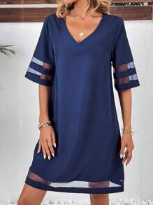 SHEIN LUNE Đầm Tương phản Mesh màu trơn Giải trí - Màu xanh hải quân - Xem 4