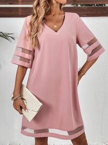 SHEIN LUNE 網紗拼接拼接直筒洋裝 - 粉色 - 查看 1