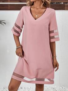 SHEIN LUNE 網紗拼接拼接直筒洋裝 - 粉色 - 查看 3