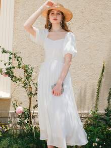 Chất rắn Nếp gấp Phần Ngực Ống tay áo Đầm - trắng - Xem 3