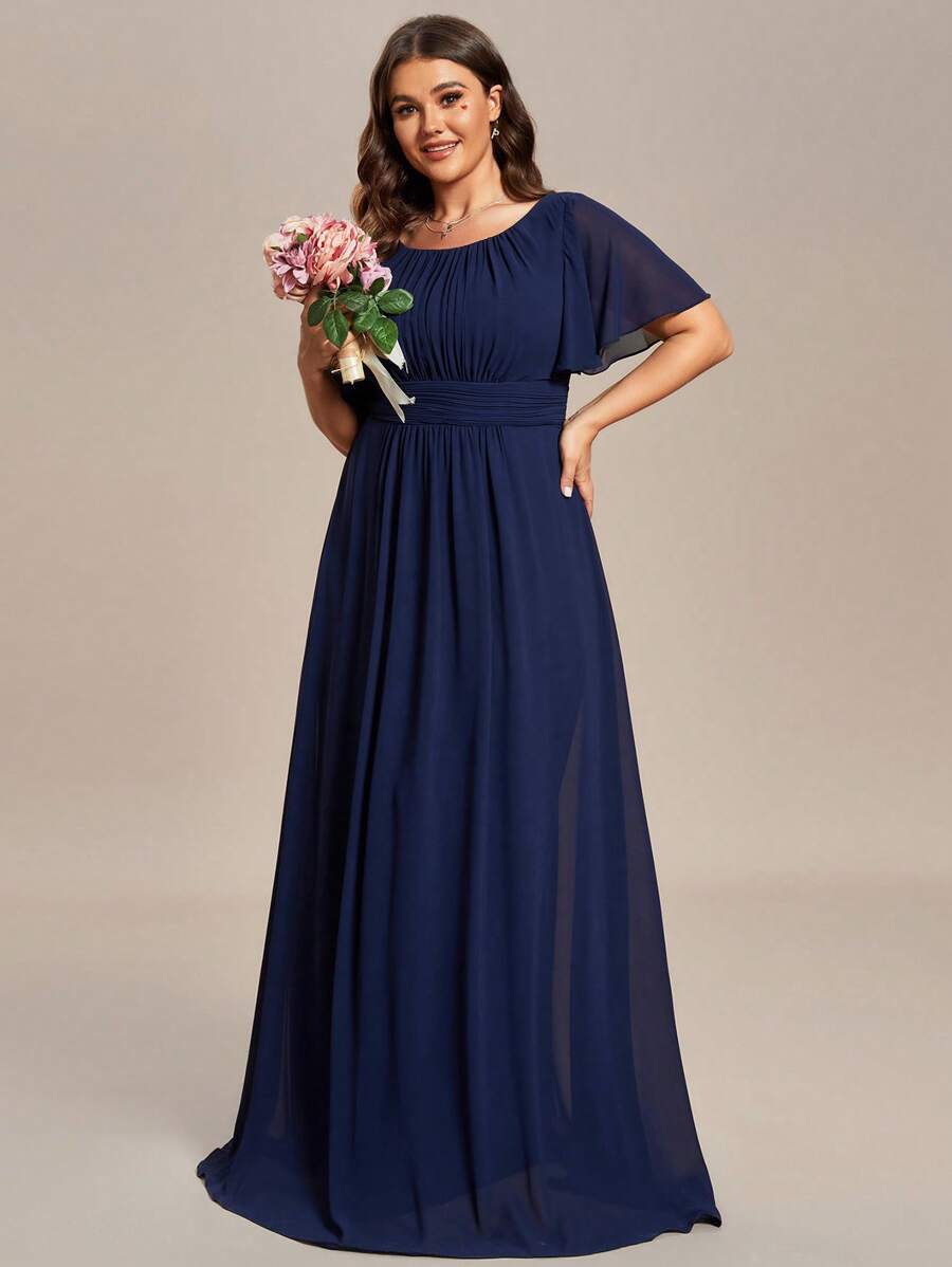 EVERPRETTY Plus Size Elegant Chiffon Ruffle Sleeve Round Neck Blue Formal Dress, Suitable For Special Occasions, Wedding Guest Attire, Mother Of The Bride