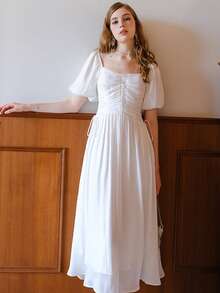 Chất rắn Nếp gấp Phần Ngực Ống tay áo Đầm - trắng - Xem 5