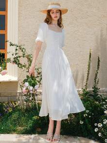 Chất rắn Nếp gấp Phần Ngực Ống tay áo Đầm - trắng - Xem 6