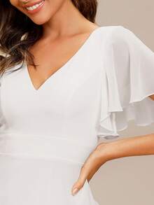 EVERPRETTY 蝴蝶袖荷葉邊圍裹下擺雪紡婚紗連衣裙 - 白色 - 查看 5