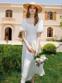 Chất rắn Nếp gấp Phần Ngực Ống tay áo Đầm - trắng - Xem 8