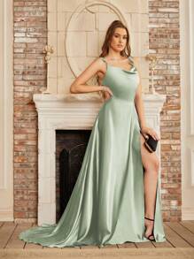 BABYONLINE D.R.E.S.S. 垂領高衩緞面吊帶連衣裙