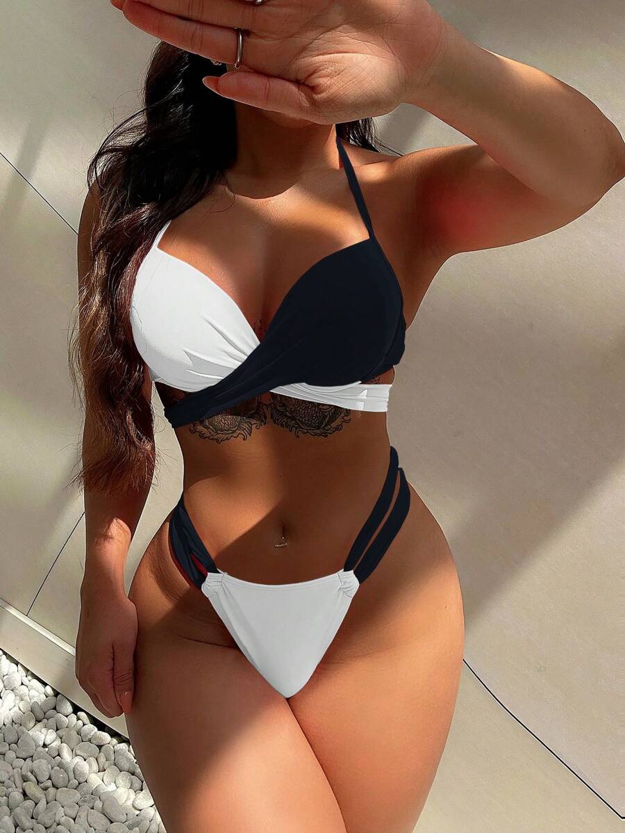 雙色扭結聚攏比基尼泳裝 - 黑與白 - 查看 1