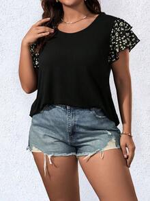 大碼碎花蝴蝶袖T恤 - 黑色 - 查看 3