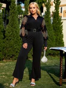 Glamaker 大碼網紗拼接腰帶連身褲 - 黑色 - 查看 3