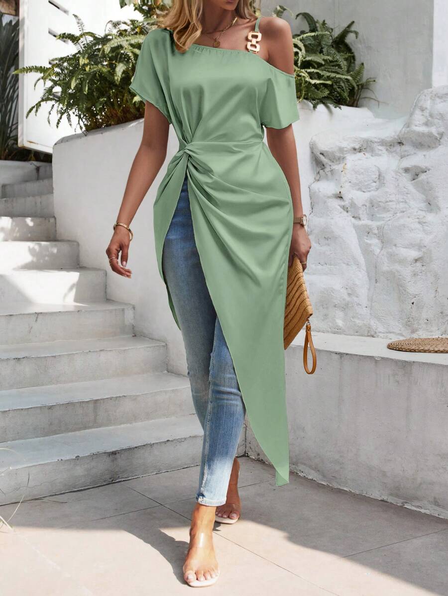 SHEIN VCAY Asymmetrical Neck Twist Front Blouse One Shoulder Top - Mint Green - View 1