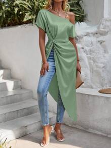 SHEIN VCAY Asymmetrical Neck Twist Front Blouse One Shoulder Top - Mint Green - View 4