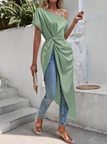 SHEIN VCAY Asymmetrical Neck Twist Front Blouse One Shoulder Top - Mint Green - View 5