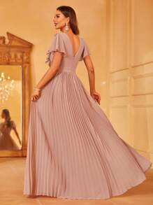 深V領蝴蝶袖百褶下擺伴娘洋裝 - 藕粉色 - 查看 2