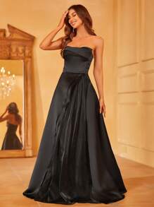 素色圍裹緞面抹胸正式洋裝 - 黑色 - 查看 4