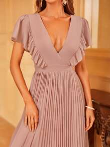 深V領蝴蝶袖百褶下擺伴娘洋裝 - 藕粉色 - 查看 3