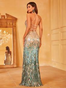 Women's Elegant Floor-Length Ombre Glittering Sequin Evening Dress With Back Tie Detail & High-Slit Mermaid Skirt – Perfect For Galas, Weddings, & Formal Evenings - Multicolor - View 2