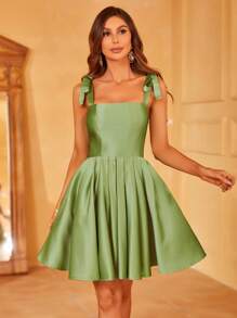 Amarrar O Ombro Bainha Pregueada Vestido Cami - Verde Lima - Ver 3