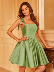 Amarrar O Ombro Bainha Pregueada Vestido Cami - Verde Lima - Ver 5