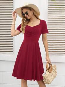 Sweetheart Neck Ruched Front Solid Dress - Burgundy - View 1