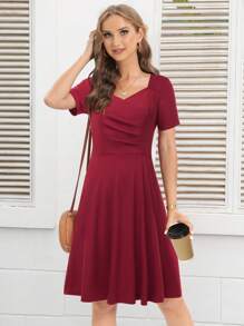 Sweetheart Neck Ruched Front Solid Dress - Burgundy - View 4