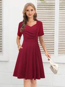 Sweetheart Neck Ruched Front Solid Dress - Burgundy - View 5