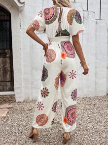 SHEIN LUNE 曼陀羅印花蝴蝶袖闊腿連體褲 - 杏色 - 查看 2