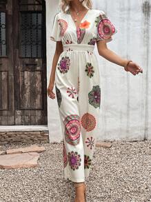 SHEIN LUNE 曼陀羅印花蝴蝶袖闊腿連體褲 - 杏色 - 查看 3