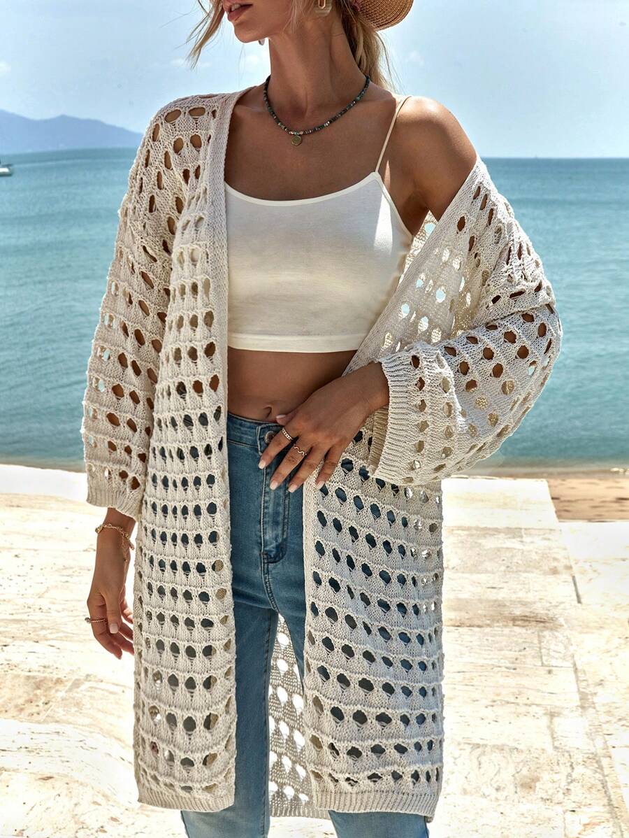 EURMUSE Drop Shoulder Open Knit Duster Cardigan - Beige - View 1