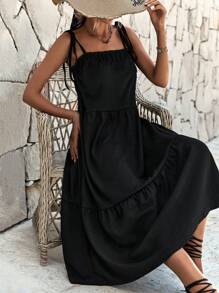 RueChic Tie Shoulder Ruffle Hem Cami Dress - màu đen - Xem 6