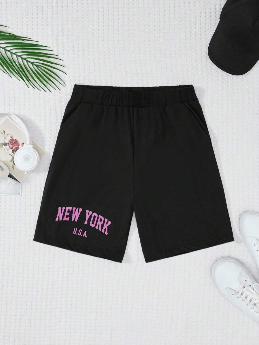 RueChic Tween Girls Letter Graphic Elastic Waist Shorts - Black - View 1