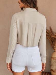 EURMUSE 條紋印花前紐扣口袋貼布襯衫 - 杏色 - 查看 2