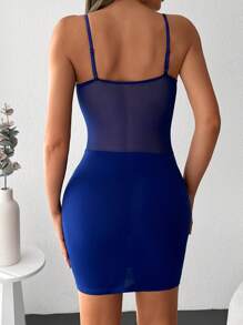 EURMUSE Contrast Mesh Bustier Cami Bodycon Dress - Navy Blue - View 2