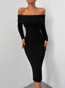 RueChic Off Shoulder Foldover Bodycon Dress - Black - View 3
