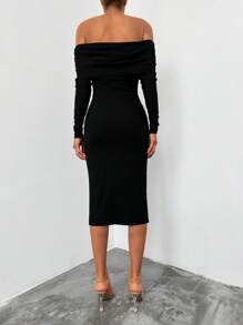 RueChic Off Shoulder Foldover Bodycon Dress - Black - View 2