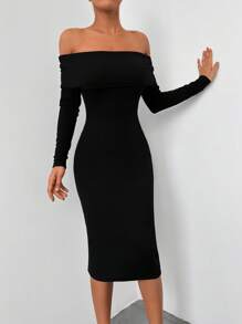 RueChic Off Shoulder Foldover Bodycon Dress - Black - View 1