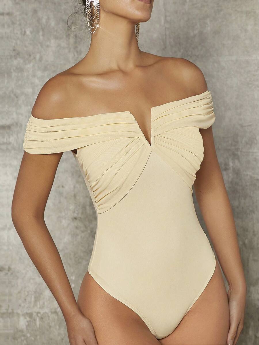 Hauture Off Shoulder Ruched Notch Bodysuit - Beige - View 1