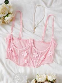Floral Appliques Underwire Shapewear Top Without Blouse - Pink - View 1