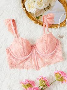 Sujetador con encaje floral ribete con fruncido con aro - Rosa vieja - Ver 1