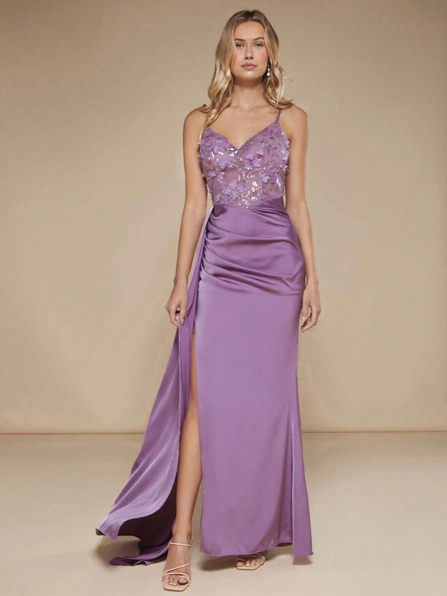 SHEIN Belle 撞色亮片开叉大腿缎面吊带连衣裙优雅正式晚会舞会婚礼宾客礼服，适合毕业典礼、晚宴 - 紫色 - 查看 1