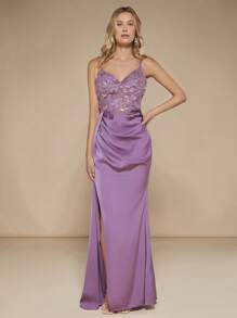 SHEIN Belle 撞色亮片开叉大腿缎面吊带连衣裙优雅正式晚会舞会婚礼宾客礼服，适合毕业典礼、晚宴 - 紫色 - 查看 5