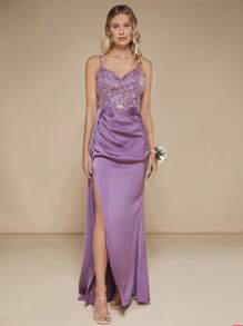SHEIN Belle 撞色亮片开叉大腿缎面吊带连衣裙优雅正式晚会舞会婚礼宾客礼服，适合毕业典礼、晚宴 - 紫色 - 查看 7