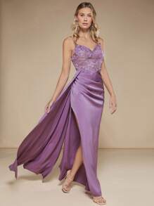 SHEIN Belle 撞色亮片开叉大腿缎面吊带连衣裙优雅正式晚会舞会婚礼宾客礼服，适合毕业典礼、晚宴 - 紫色 - 查看 3