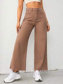 Solid Raw Hem Wide Leg Jeans - Brown - View 2