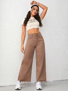 Solid Raw Hem Wide Leg Jeans - Brown - View 5